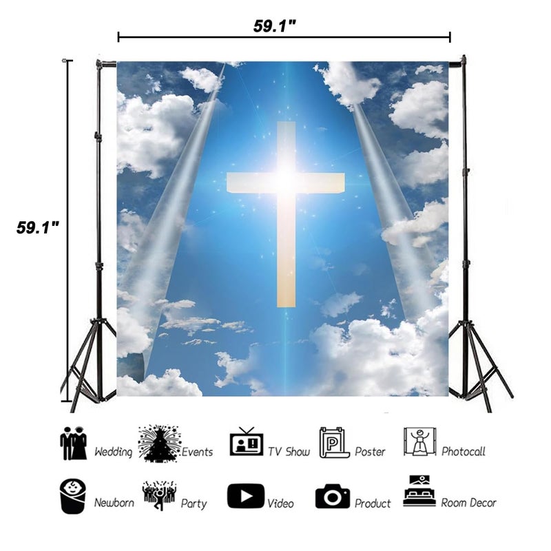 AOFOTO 5x5ft Christian Cross in Blue Sky Backdrop Divine Light Jesus Christ Easter Crucifix Photography Background Our Lord Resurrection Religious Lent Holy Week Passion Photo Studio Props Vinyl - Image 4